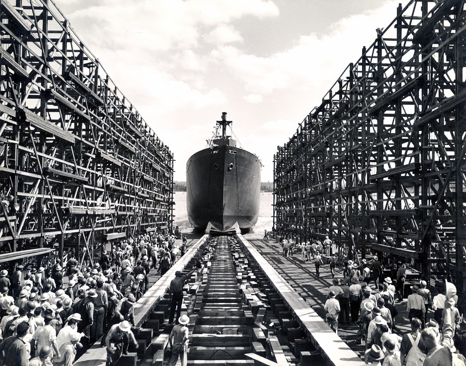 Ship under construction in a dry dock, seen from above